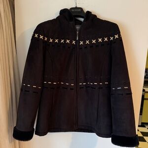 Vegan suede warm winter jacket coat, size M women's coats black w leather stitch